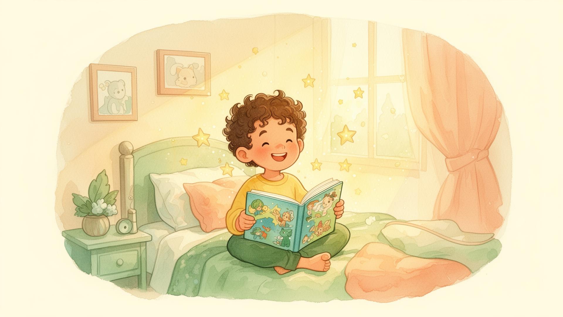 Criança feliz lendo um livro infantil personalizado